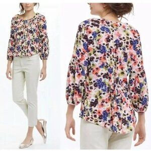 Anthropologie Maeve Top Pansy Field Floral Print Blouse 3/4 Sleeve